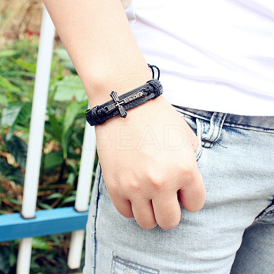 Adjustable Cross with Word Iron Braided Leather Cord Bracelets BJEW-P0001-02B-1