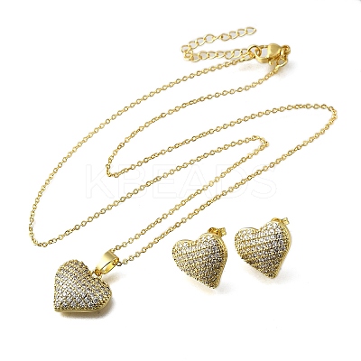Heart Brass Micro Pave Cubic Zirconia Stud Earrings & Pendant Necklaces Sets SJEW-Z002-05G-1