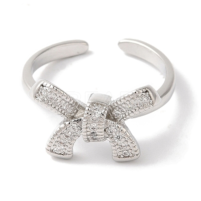 Bowknot Brass Micro Pave Clear Cubic Zirconia Open Cuff Rings for Women RJEW-C098-08P-1