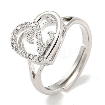 Heart with Letter Rack Plating Brass Micro Pave Cubic Zirconia Adjustable Rings for Women RJEW-I105-06P-Z-1