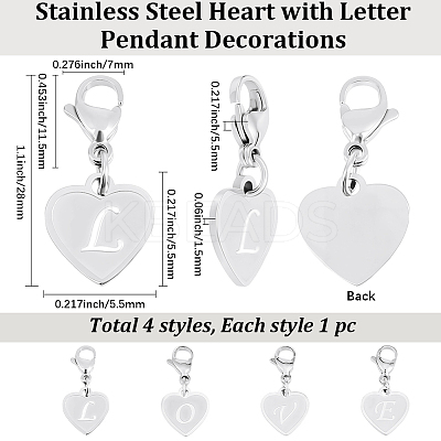 4Pcs 4 Styles 201 Stainless Steel Heart with Letter Pendant Decorations AJEW-BBC0002-44-1