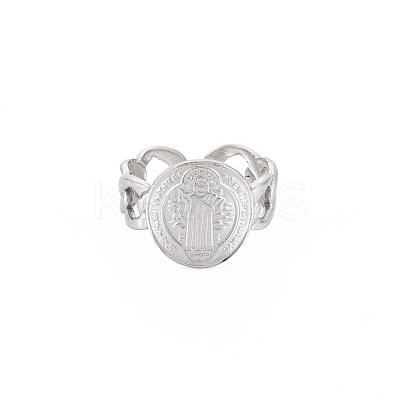 Non-Tarnish 304 Stainless Steel Flat Round with Jesus Wide Open Cuff Ring for Women RJEW-S405-184P-1