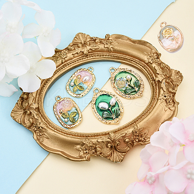 5Pcs 5 Styles Flower Rack Plating Alloy Enamel Pendants ENAM-FP0001-40-1