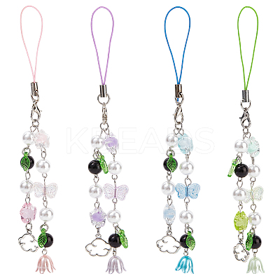 4Pcs Lily of the Valley ABS Plastic Pearl & Acrylic Mobile Straps HJEW-DR00049-1