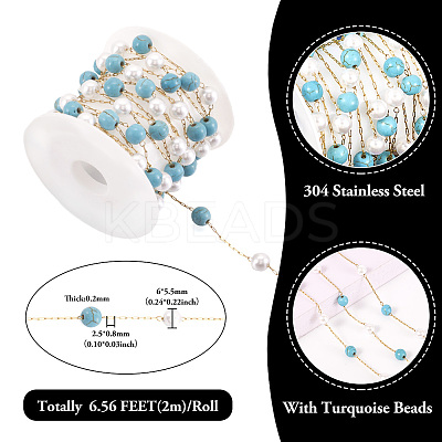 Synthetic Turquoise & Glass Round Bead Link Chains CHS-TA0001-49-1