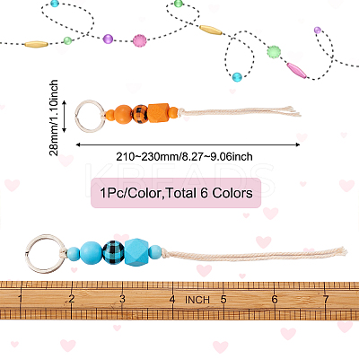 6Pcs 6 Colors Schima Wood & Cotton Cord Keychain KEYC-KS0001-03-1