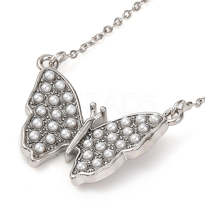 Brass & Plastic Imitation Pearl Buttefly Pendant Necklaces NJEW-F326-05P-1