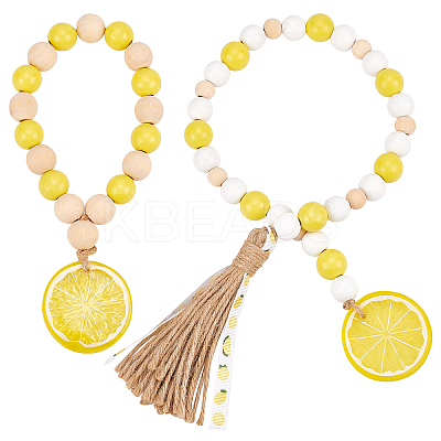 2Pcs 2 Style Lemon Wooden Beaded Garland with Rustic Jute Tassel HJEW-GF0001-26-1