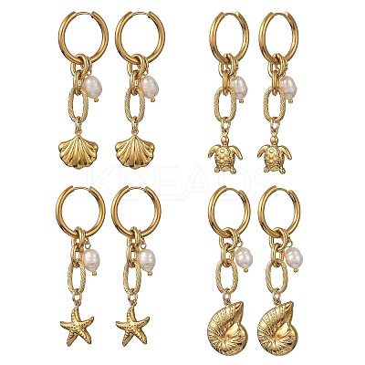 Ocean Theme 304 Stainless Steel Dangle Hoop Earrings EJEW-JE07357-1