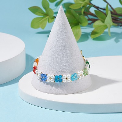 Shell Pearl & Glass Braided Flower Beaded Bracelet BJEW-TA00087-1