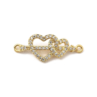 Brass Micro Pave Clear Cubic Zirconia Double Heart Connector Charms KK-I360-013G-03-1