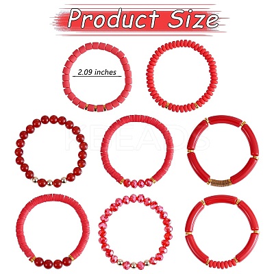 8Pcs 8 Style Natural Red Agate & Glass & Polymer Clay Heishi Surfer Stretch Bracelets Set BJEW-SW00083-1