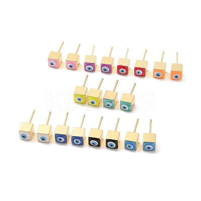 Long-Lasting Plated Cube with Enamel Evil Eye Stud Earring EJEW-E272-01G-1