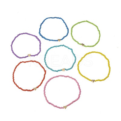 7Pcs Bohemian Style Heart Brass & Glass Seed Beaded Stretch Anklet Sets FS-WG7E51F-01-1