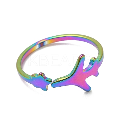 Ion Plating(IP) 304 Stainless Steel Star & Airplane Open Cuff Ring for Women RJEW-M149-12RC-1