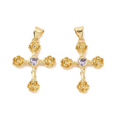Cross with Flower Brass Micro Pave Cubic Zirconia Pendants KK-G435-06G-05-1