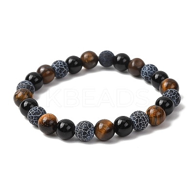 Natural Tiger Eye & Weathered Agate & Glass Beads Stretch Bracelets for Women Men BJEW-P398-01B-1