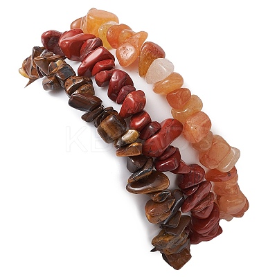 3Pcs 3 Styles Natural Red Aventurine & Red Jasper & Tiger Eye Chips Stretch Bracelets Sets BJEW-JB11076-07-1