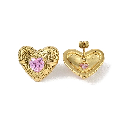 Heart 304 Stainless Steel Pearl Pink Cubic Zirconia Stud Earring for Women EJEW-Z047-05G-01-1