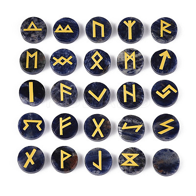 Brass Elder Futhark Alphabet Engraved Symbol Flat Round Natural Sodalite Rune Stones G-I373-01J-1