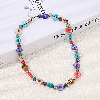 Bohemian Dyed Natural Shell Flat Round & Faceted Rondelle Glass Beaded Necklaces for Women LS-NJEW-S456-01-1