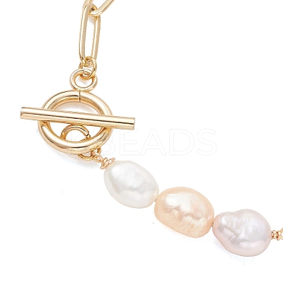 Rice Natural Cultured Freshwater Pearl & Brass Paperclip Chain Bracelets for Women BJEW-JB13543-02-1