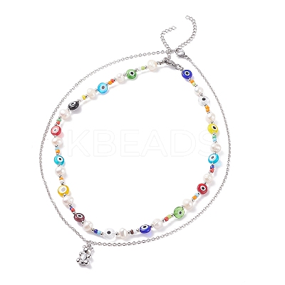2Pcs 2 Style Natural Pearl & Evil Eye Beaded Necklaces with Bear Pendant for Women NJEW-TA00019-1