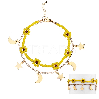 Glass Seed Braided Flower Multi-strand Bracelet BJEW-SW00069-01-1