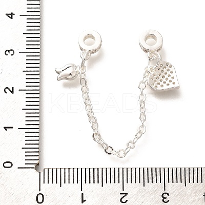 Brass Clear Cubic Zirconia European Safety Chains with Heart & Rose Charms KK-C085-16S-1