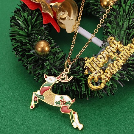 Christmas Deer 304 Stainless Steel Enamel Pendant Necklaces for Women FS-WG69B7B-01-1