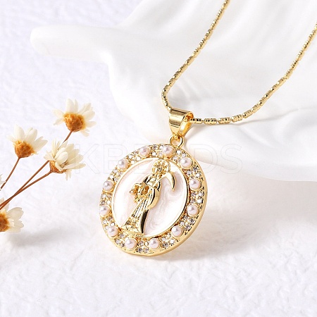 Flat Round with Santa Muerte Brass Micro Pave Cubic Zirconia Pendant Necklaces LS-NJEW-S385-03B-G-1