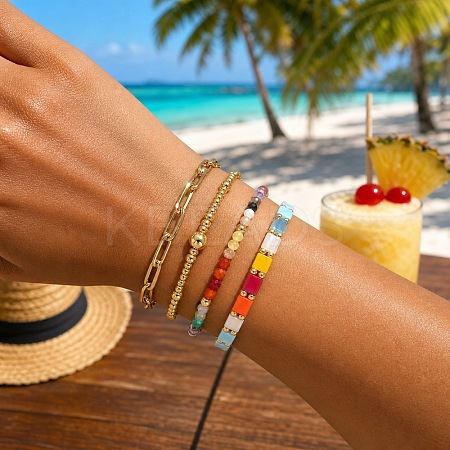 Colorful Glass Gemstone Brass Beaded Stretch Bracelet Sets TV5355-1