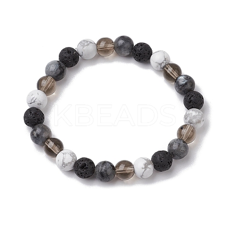 8.5mm Round Natural Larvikite & Howlite & Synthetic Smoky Quartz & Natural Lava Rock  Bead Stretch Bracelets for Women BJEW-JB10944-03-1