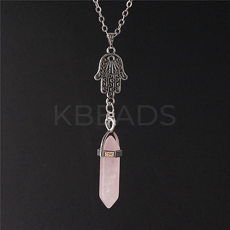 Aolly Hamsa Hand & Natural Rose Quartz Bullet Pendant Necklace PW-WG51914-02-1