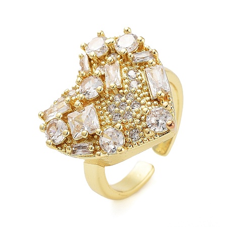 Rack Plating Brass Micro Pave Cubic Zirconia Heart Open Cuff Rings for Women RJEW-C080-05G-1