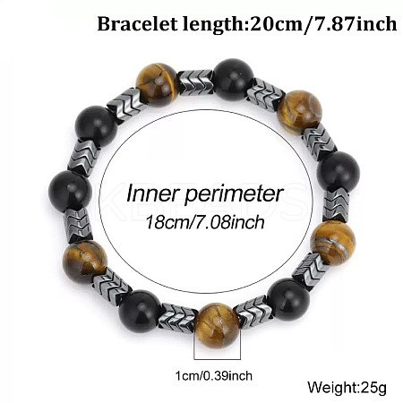 European Synthetic Non-magnetic Hematite & Natural Obsidian & Lava Rock & Tiger Eye Beaded Stretch Bracelets for Men XR3727-7-1