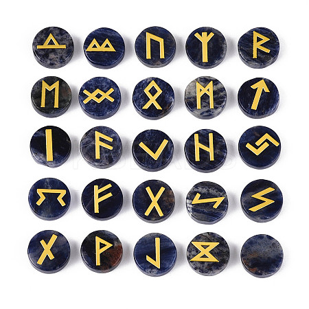 Brass Elder Futhark Alphabet Engraved Symbol Flat Round Natural Sodalite Rune Stones G-I373-01J-1