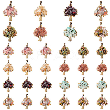 32Pcs 8 Styles Natural & Synthetic Mixed Gemstone Chip Pendants PALLOY-AB00252-1