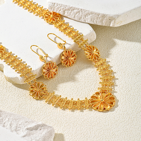 Elegant Brass Flower Charm Necklace & Earrings Sets for Women EH6760-1