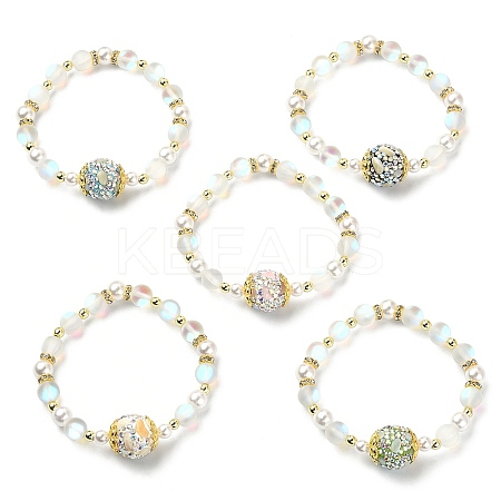 Synthetic Moonstone & Hematite & Plastic Imitation Pearl Beaded Stretch Bracelet BJEW-JB09504-1