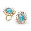 Deep Sky Blue Glass Oval Adjustable Ring with Cubic Zirconia RJEW-J017-VC498-1