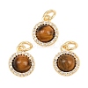 Natural Tiger Eye Round Charms with Brass Micro Pave Clear Cubic Zirconia Settings KK-H538-16G-1