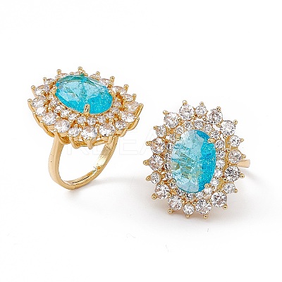 Deep Sky Blue Glass Oval Adjustable Ring with Cubic Zirconia RJEW-J017-VC498-1