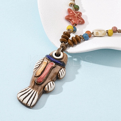 Ceramic Fish Pendant Adjustable Waxed Cord Necklaces for Women NJEW-B146-03-1