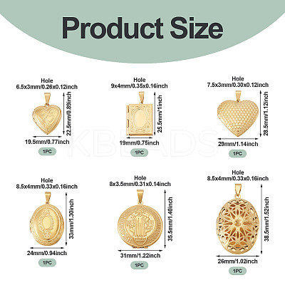 6 Pcs 6 Styles 316 Stainless Steel Locket Pendants STAS-TA0003-40-1