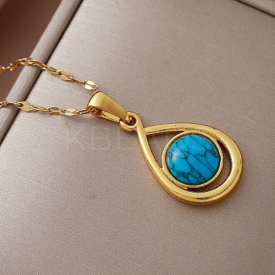 Vintage 304 Stainless Steel & Dyed Synthetic Turquoise Teardrop Pendant Necklaces for Women IA9439-1