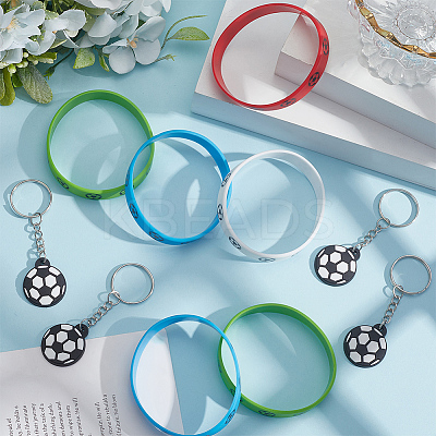 PVC Football Keychain & Silicone Cord Bracelets Jewelry Sets SJEW-GF0001-01-1