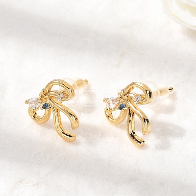 Bowknot Brass Micro Pave Clear Cubic Zirconia Stud Earrings EJEW-P331-03G-1