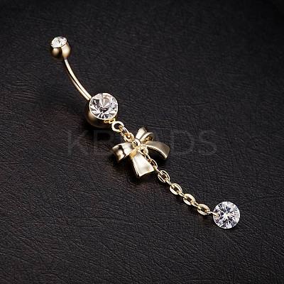 Piercing Jewelry Real 18K Gold Plated Brass Rhinestone Bowknot Navel Ring Belly Rings AJEW-EE0001-67-1