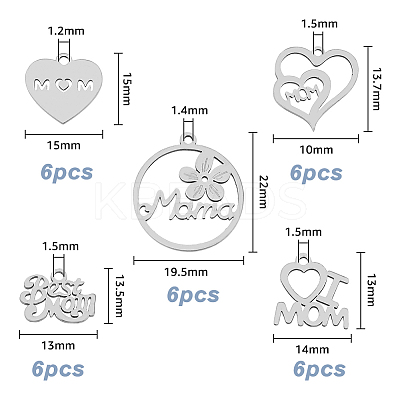 30Pcs 5 Style 201 & 304 Stainless Steel Pendants STAS-HY0001-17-1